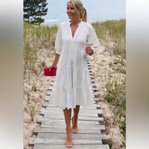 Amanda Uprichard Saffron Ruffled, Tiered Midi Dress in  White/Ivory